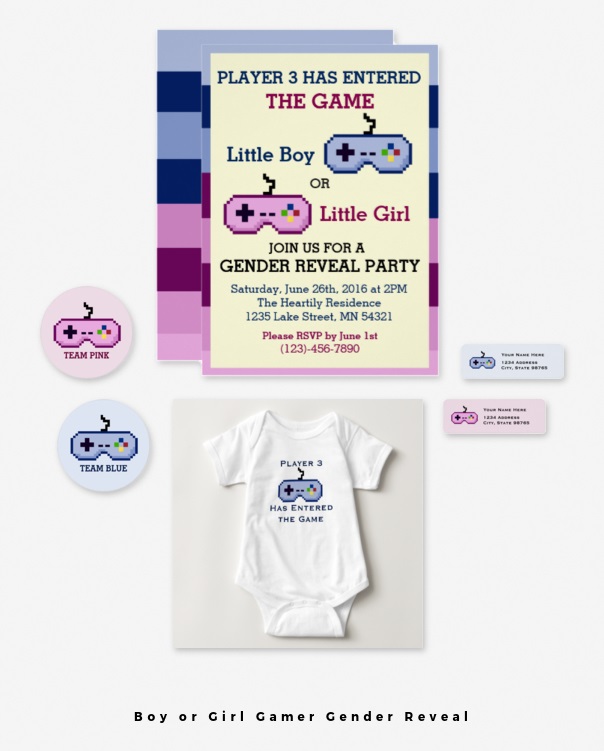 Boy or Girl Geek Gamer Gender Reveal Party Invites Pink Blue