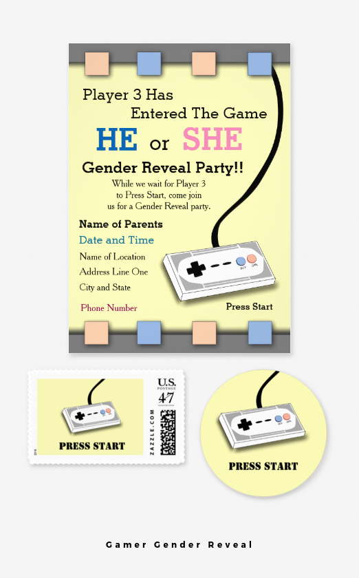 Retro Gamer Gender Reveal Baby Invites Yellow